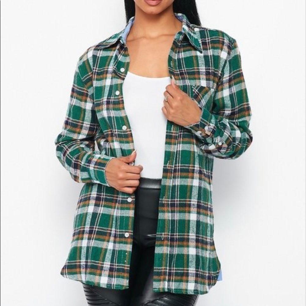 NEW FALL UNISEX TRENDY GREEN MULTI PLAID FLANNEL LONG SLEEVE BUTTON UP SHIRT